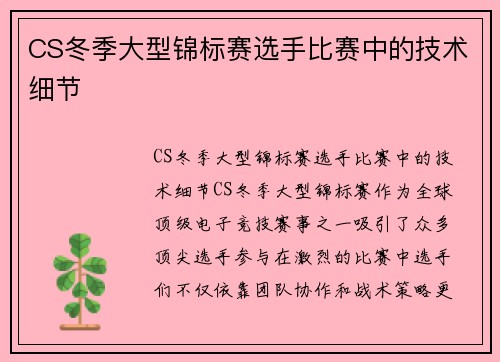 CS冬季大型锦标赛选手比赛中的技术细节